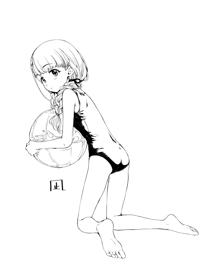 ball barefoot beachball braid commentary_request female full_body greyscale hamao highres hisakawa_nagi holding holding_ball holding_beachball idolmaster idolmaster_cinderella_girls kneeling long_hair looking_at_viewer looking_back monochrome one-piece_swimsuit simple_background soles solo swimsuit toes twin_braids