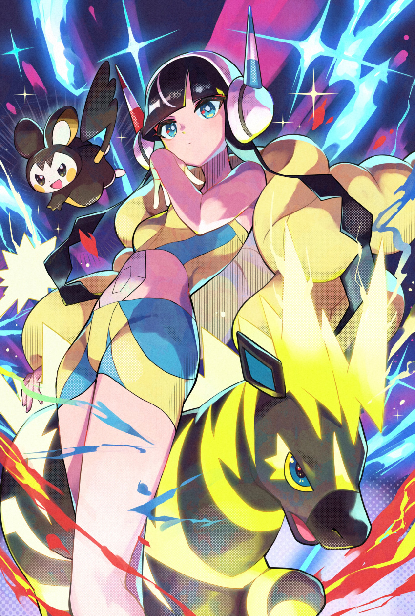 absurdres black_hair blue_eyes bright_pupils closed_mouth commentary_request elesa_(pokemon) emolga female headphones highres jacket long_hair open_clothes open_jacket pokemon pokemon_(creature) pokemon_bw2 rainys_bill sparkle white_pupils yellow_jacket zebstrika