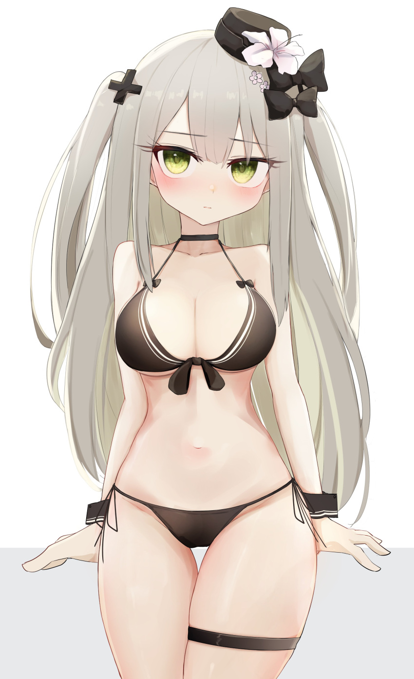 88_flak_(ash_arms) absurdres alternate_costume ash_arms bikini blush breasts cleavage closed_mouth collarbone cross_hair_ornament female green_eyes grey_hair hair_ornament hat highres looking_at_viewer matsudai_d ribbon solo swimsuit white_background