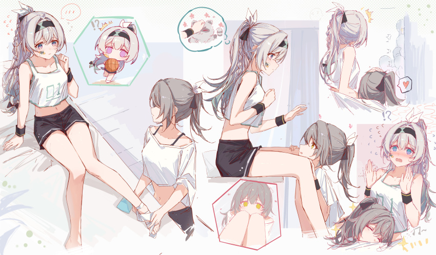 !? 2girls absurdres ball bare_arms bare_shoulders basketball_(object) black_hairband black_shorts bra_strap crop_top crop_top_overhang firefly_(honkai:_star_rail) from_side grey_hair hairband heart highres honkai:_star_rail honkai_(series) long_hair midriff multiple_girls multiple_views navel off-shoulder_shirt off_shoulder ponytail profile purple_eyes shirt short_shorts shorts sitting spoken_heart stelle_(honkai:_star_rail) stomach tank_top trailblazer_(honkai:_star_rail) very_long_hair white_shirt white_tank_top wristband yajuu