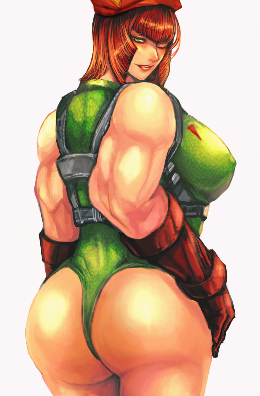 absurdres armored_gloves ass breasts cammy_white cammy_white_(cosplay) chest_harness commentary_request cosplay covered_nipples diagonal_bangs female gloves green_eyes green_leotard hand_on_own_hip harness hat highres large_breasts leotard marisa_(street_fighter) mole mole_under_eye muscular muscular_female one_eye_closed red_beret red_gloves red_hair red_hat short_hair sidelocks solo street_fighter street_fighter_6 thick_thighs thighs white_background zuman_(zmnjo1440)