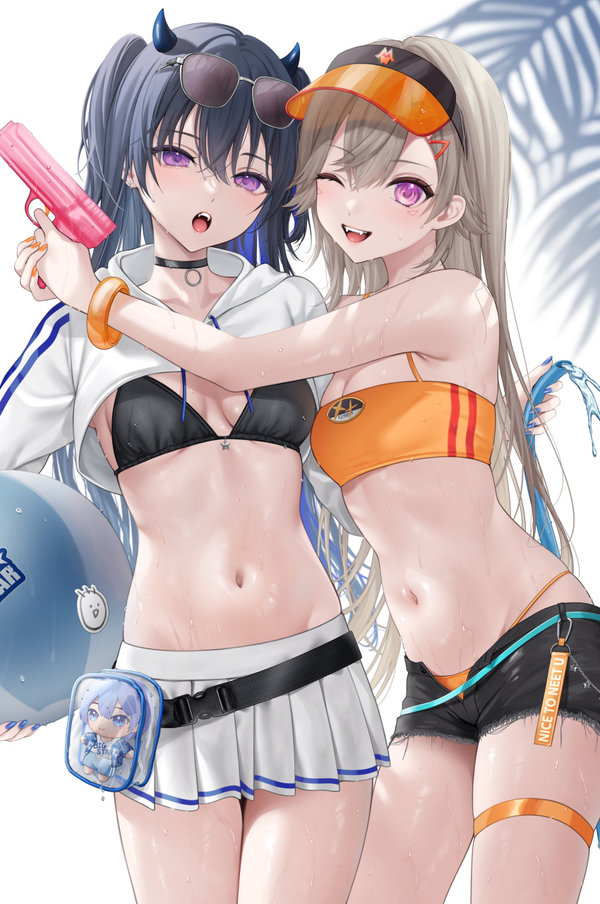 2girls :d :o absurdres alternate_costume ball bangle beachball belt belt_pouch bikini bikini_under_clothes black_belt black_bikini black_collar black_hair black_shorts blue_belt blue_nails bracelet breasts character_doll cleavage collar colored_inner_hair cropped_hoodie cross cross_earrings earrings eyewear_on_head fangs grey_hair hair_between_eyes highres holding holding_ball holding_beachball holding_hose hood hoodie hose hug ichinose_uruha jewelry komori_met long_hair long_sleeves looking_at_viewer medium_breasts miniskirt multicolored_hair multiple_girls navel neo-porte open_clothes open_shorts orange_bikini orange_nails palm_tree pleated_skirt pomelunch pouch purple_eyes shirayuki_reid shorts skirt smile stomach streaked_hair string_bikini sunglasses swimsuit tankini teeth thigh_strap tree upper_teeth_only very_long_hair virtual_youtuber visor_cap vspo! water water_gun wet white_hoodie white_skirt