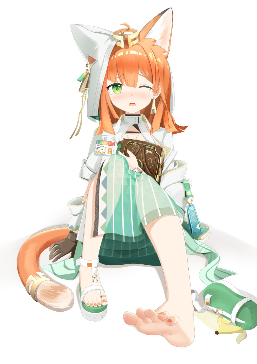 absurdres ahoge animal_ears arknights banana_peel blush book brown_gloves chinese_commentary commentary_request dress earrings female fingernails gloves green_dress green_eyes green_footwear highres holding holding_book jewelry looking_at_viewer mao_xin'ai medium_hair nail_polish no_socks nose_blush on_floor one_eye_closed open_mouth orange_hair orange_nails orange_tail papyrus_(arknights) sandals shoes side_slit simple_background single_glove single_shoe sitting soles solo tail tail_ornament tail_ring tearing_up toe_ring toeless_footwear toenail_polish toenails toes uroko_(pattern) white_background white_dress white_footwear