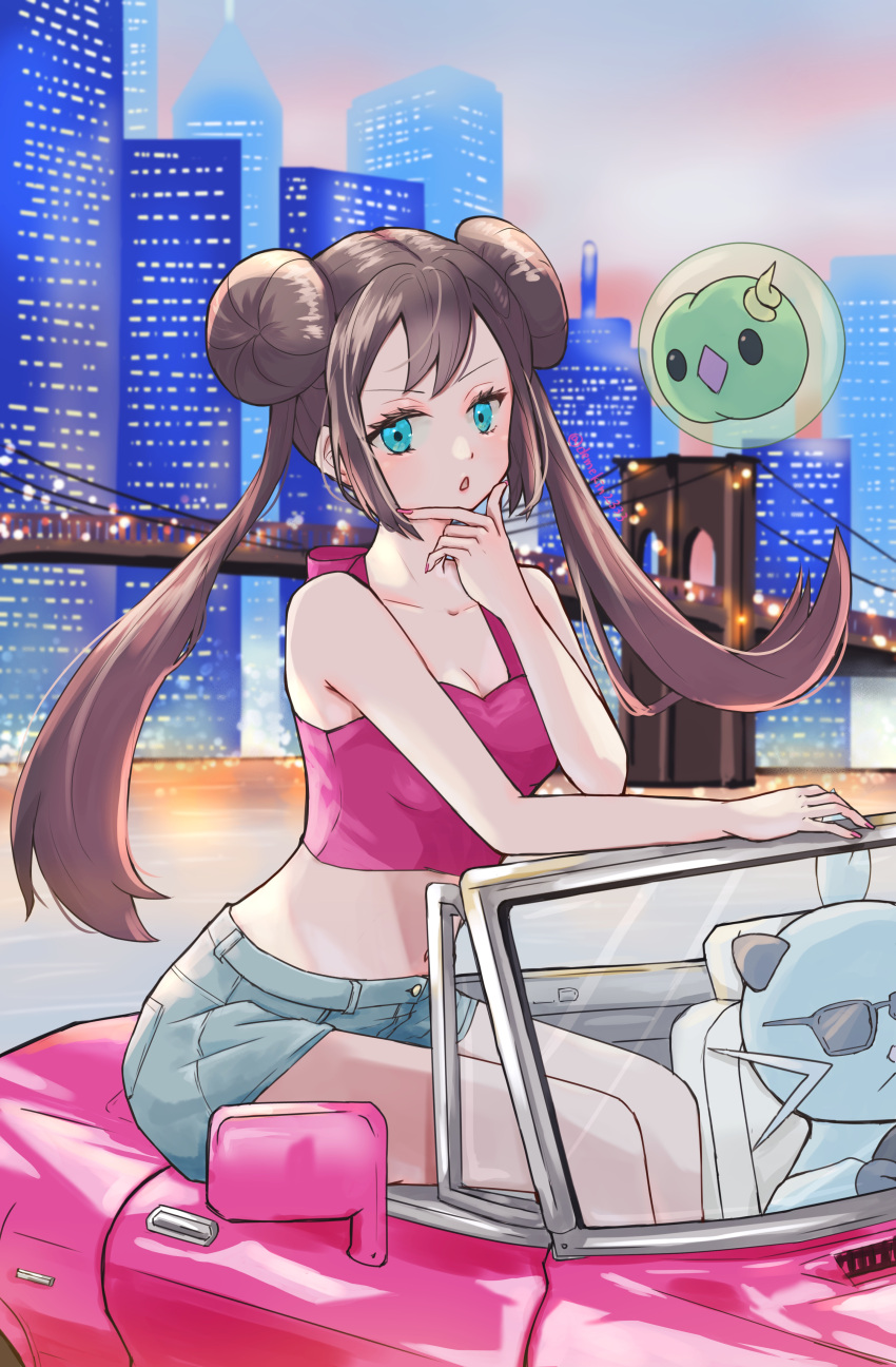 :o absurdres alternate_costume aqua_eyes breasts brown_hair building car cleavage commentary_request demekin2333 dewott double_bun eyelashes female hair_bun hand_on_own_chin highres long_hair midriff motor_vehicle nail_polish navel outdoors pink_nails pokemon pokemon_(creature) pokemon_bw2 rosa_(pokemon) shirt shorts sitting sleeveless sleeveless_shirt solosis stroking_own_chin twintails