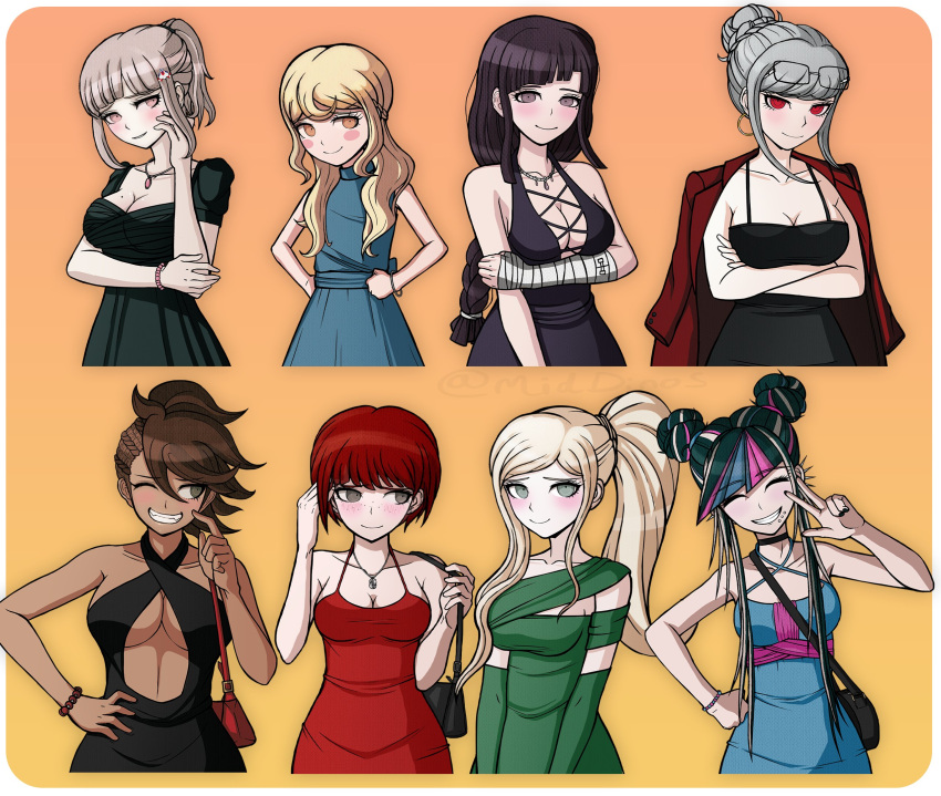 6+girls a_beautiful_man_(middinos) alternate_costume alternate_hairstyle arms_under_breasts asymmetrical_hair bag black_dress blue_dress blush bracelet braid breasts cleavage closed_eyes collarbone cowboy_shot danganronpa_(series) danganronpa_2:_goodbye_despair dark-skinned_female dark_skin double_bun dreadlocks dress ear_piercing earrings eyewear_on_head flat_chest galaga glasses green_dress grin hair_bun hair_ornament hand_up handbag highres hoop_earrings jacket jacket_on_shoulders jewelry koizumi_mahiru large_breasts mioda_ibuki mole mole_on_breast multiple_girls nanami_chiaki necklace orange_background owari_akane pekoyama_peko piercing pink_eyes ponytail puffy_short_sleeves puffy_sleeves red_dress red_eyes red_hair red_jacket saionji_hiyoko short_hair short_sleeves shoulder_bag sidecut smile sonia_nevermind teeth tsumiki_mikan undercut w