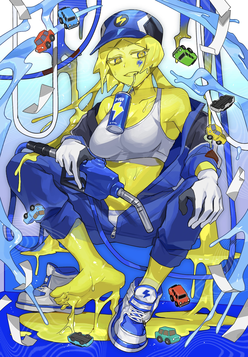 absurdres baseball_cap blonde_hair bodysuit breasts can cleavage colored_sclera colored_skin crop_top drinking_straw energy_drink female gas_pump gloves hat highres hose lightning_bolt_symbol midriff monster_girl navel open_clothes original panties sakoku_(oyatsu3ji_) see-through_body shoes slime_(substance) slime_girl smile sneakers solo toy toy_car underwear yellow_eyes yellow_sclera yellow_skin