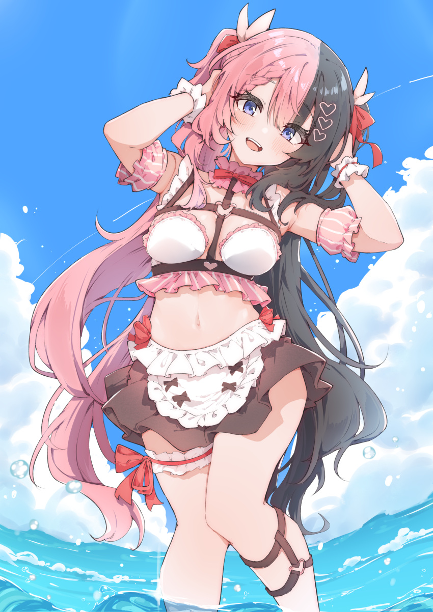 absurdres airenif apron arms_on_head arms_up bikini black_hair black_skirt blue_sky blush breasts chest_harness cloud cloudy_sky commentary day english_commentary female hair_ornament harness heart heart_hair_ornament heart_o-ring highres large_breasts long_hair looking_at_viewer maid_apron multicolored_hair navel o-ring o-ring_harness open_mouth outdoors pink_hair purple_eyes skirt sky smile solo split-color_hair stomach swimsuit tachibana_hinano_(vtuber) teeth thigh_strap thighs two-tone_hair upper_teeth_only virtual_youtuber vspo! wading waist_apron water white_apron white_bikini