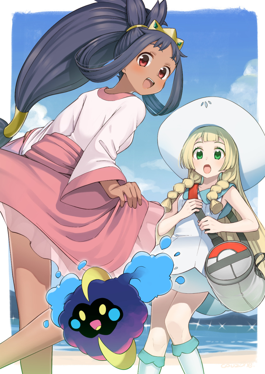 2girls :d bag black_hair blonde_hair border braid cloud commentary_request commission cosmog couzone dark-skinned_female dark_skin day dress duffel_bag eyelashes green_eyes hair_rings hat highres iris_(pokemon) kneehighs lillie_(pokemon) long_hair low-tied_long_hair multiple_girls open_mouth outdoors pink_skirt pixiv_commission pokemon pokemon_(creature) pokemon_bw2 pokemon_sm ponytail shirt shore skirt sky smile socks sparkle sun_hat teeth tiara twin_braids upper_teeth_only water white_border white_dress white_hat white_shirt