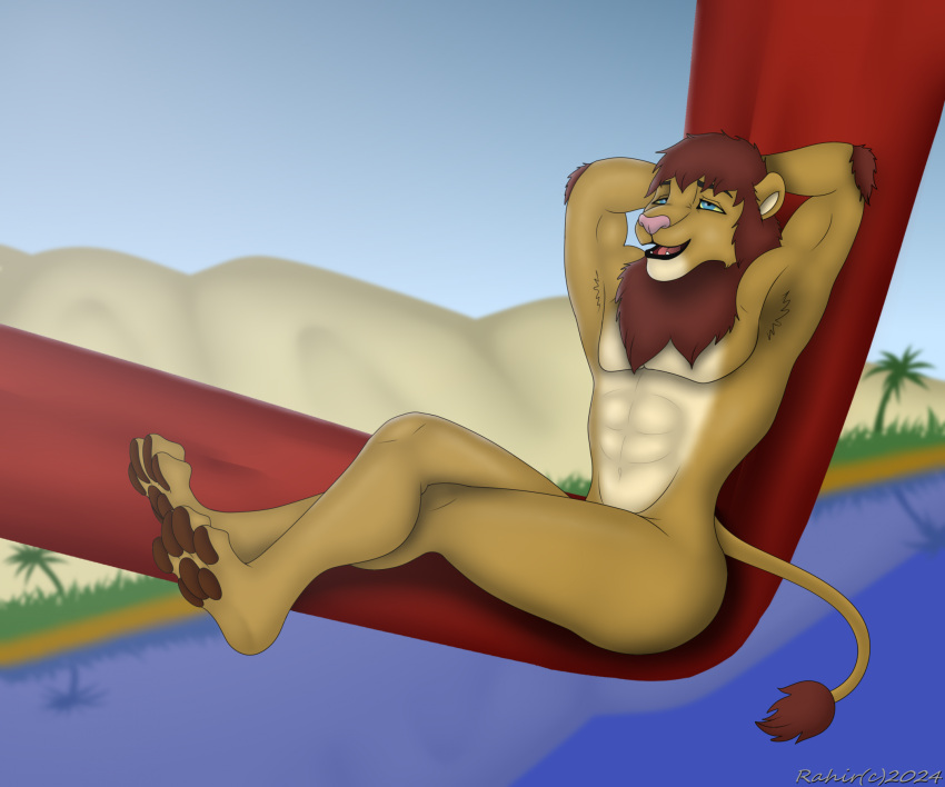 4_toes abs anthro athletic athletic_anthro athletic_male black_lips blue_eyes blurred_background brown_body brown_fur brown_pawpads day digitigrade feet felid feline_tail fur hammock hands_behind_head hi_res hill lion lips male mammal mane nude open_mouth outside palm_tree pantherine pawpads paws pecs pink_nose plant rahir_(artist) relaxing shaded smile soft_shading solo tail tail_tuft tan_body tan_fur teeth toes tongue tree tropical tuft water were werefelid werelion werepantherine yellow_sclera