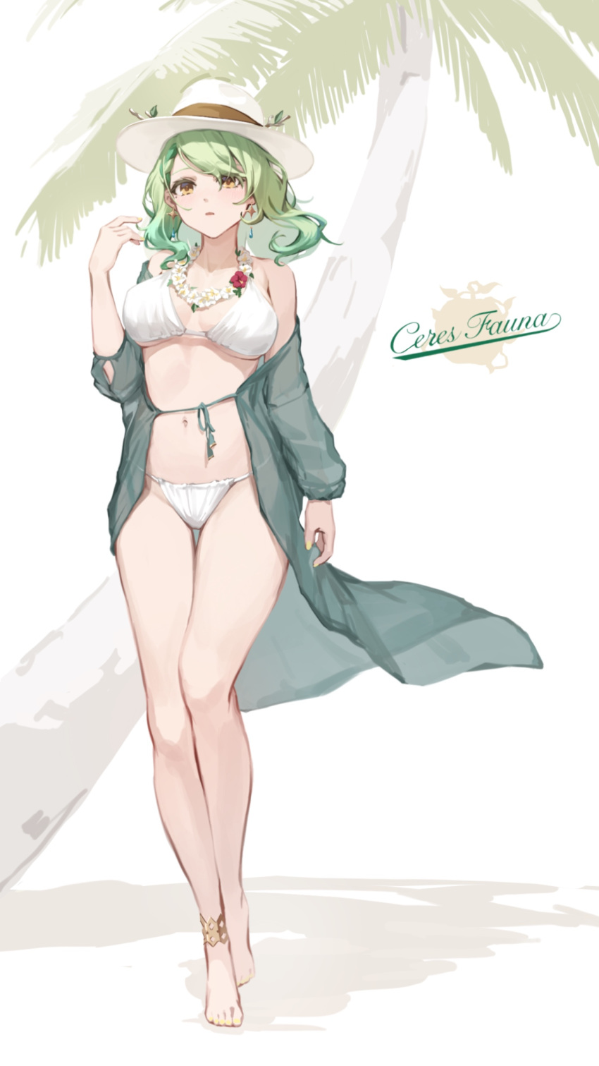 absurdres anklet bare_legs barefoot bikini breasts breasts_apart ceres_fauna character_name earrings female flower flower_necklace green_hair green_jacket hand_up hat highres hololive hololive_english jacket jewelry kanoe_(tatsukanoe) large_breasts long_hair long_sleeves navel open_clothes open_jacket palm_tree parted_lips red_flower solo swimsuit tree virtual_youtuber white_bikini white_flower white_hat yellow_eyes