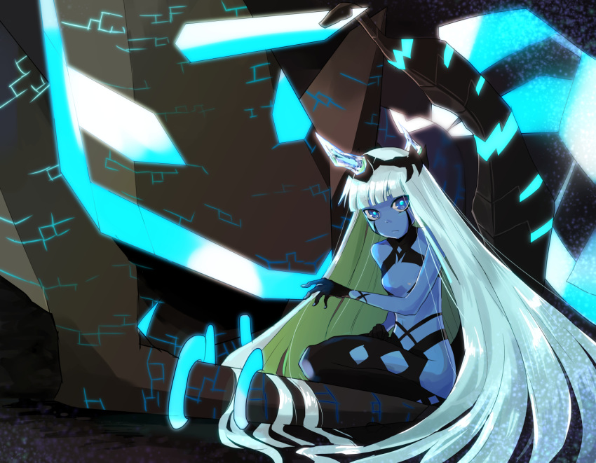 001_(darling_in_the_franxx) absurdly_long_hair black_gloves black_thighhighs blonde_hair blue_eyes blue_horns blue_oni blue_skin blunt_bangs colored_skin darling_in_the_franxx female flat_chest frown gloves glowing glowing_horns horns kneeling long_hair oni revealing_clothes solo thighhighs umipokemori very_long_hair