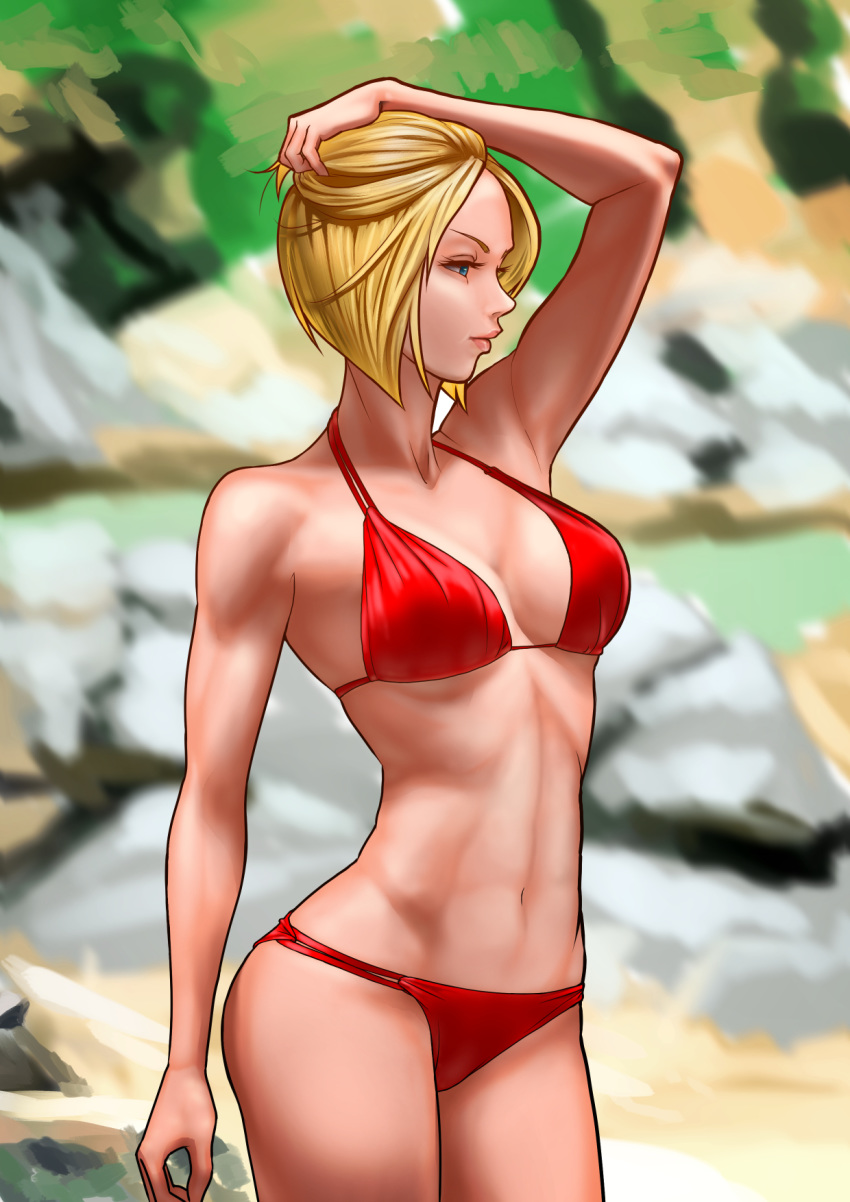 bikini blonde_hair blue_eyes blue_mary breasts closed_mouth commentary_request fatal_fury female hand_in_own_hair highres medium_breasts midriff navel red_bikini ryohhe short_hair solo swimsuit the_king_of_fighters