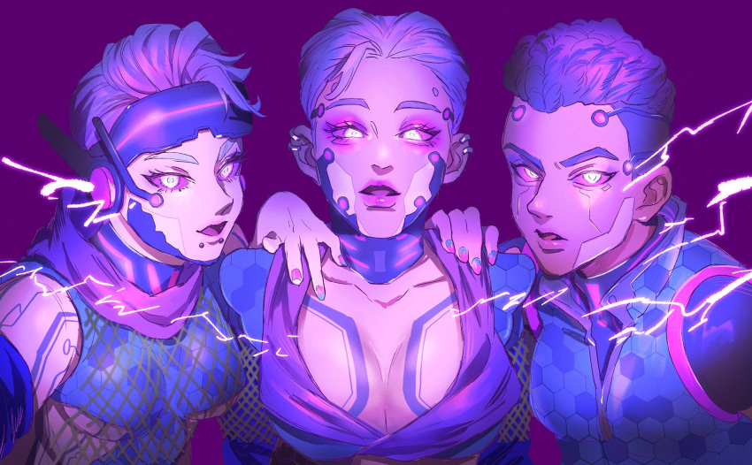 3girls air_orchid_valkyrie animification apex_legends bangalore_(apex_legends) breasts cleavage colored_sclera colored_skin commentary cyberpunk cyborg ear_piercing eyeshadow eyewear_on_head glowing glowing_eyes hand_on_another's_shoulder highres kogane_mushi large_breasts loba_(apex_legends) makeup medium_breasts multiple_girls official_alternate_costume open_mouth piercing purple_background purple_eyeshadow purple_hair purple_reign_loba purple_sclera purple_skin purple_theme short_hair symbol-only_commentary valkyrie_(apex_legends) violet_veteran_bangalore visor white_eyes