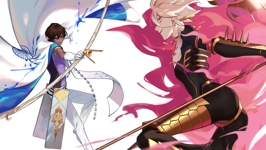 2boys 676643396dolce agni_gandiva arjuna_(fate) battle bishounen bodysuit bow_(weapon) brown_hair cape commentary_request dark-skinned_male dark_skin drawing_bow fate/apocrypha fate/grand_order fate_(series) fur_cape gloves highres holding holding_bow_(weapon) holding_weapon karna_(fate) multiple_boys pale_skin photoshop_(medium) polearm spear vasavi_shakti_(fate) weapon white_cape white_gloves white_hair