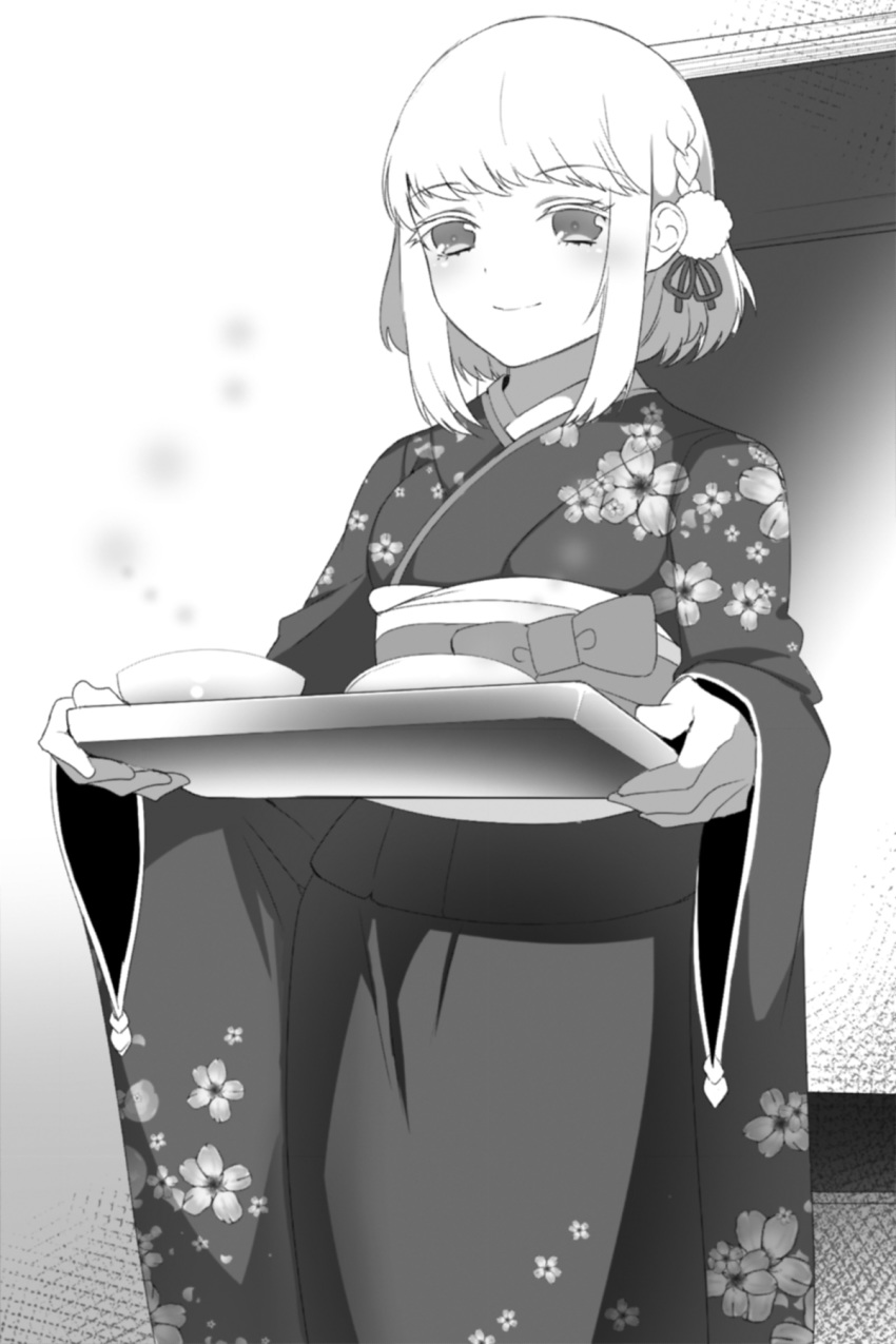 blush bow closed_mouth cowboy_shot female floral_print greyscale highres holding holding_plate japanese_clothes kanase_kanon kimono long_sleeves manyako_(mohumohu) monochrome non-web_source novel_illustration obi official_art photoshop_(medium) plate print_kimono sash short_hair smile solo standing strike_the_blood white_background wide_sleeves yukata