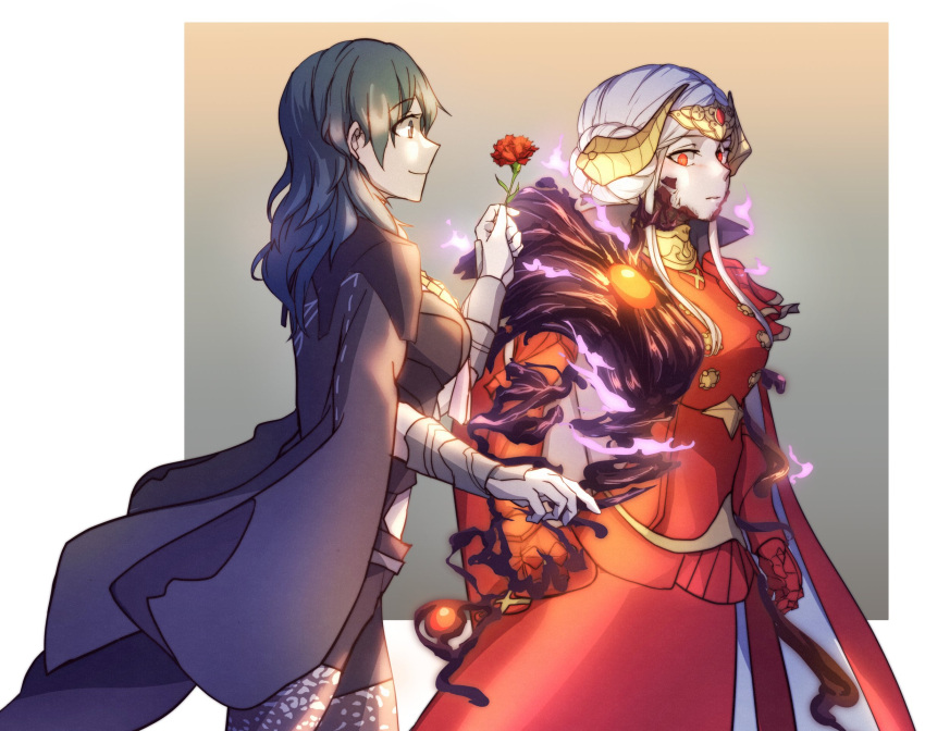 2girls blue_eyes blue_hair byleth_(female)_(fire_emblem) byleth_(fire_emblem) carnation edelgard_von_hresvelg edelgard_von_hresvelg_(hegemon_husk) fire_emblem fire_emblem:_three_houses fire_emblem_heroes flower giving giving_flower grey_hair highres holding holding_flower horns leggings medium_hair multiple_girls red_carnation red_eyes red_flower short_hair shorts smile usbgrumble yuri