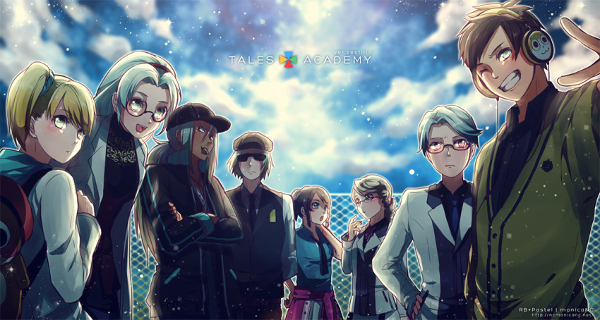 4boys 4girls :d alisha_diphda alisha_diphda_(demure_librarian) arm_behind_head baseball_cap black_hat black_jacket black_neckwear black_shirt blonde_hair blue_neckwear blue_scrunchie blue_shirt blue_sweater breasts brown_hair cardigan clothes_around_waist collared_shirt commentary_request copyright_name cropped_arms day dezel_(taciturn_professor)_(tales) dezel_(tales) dress_shirt edna_(respected_senior)_(tales) edna_(tales) glasses green_cardigan grey_hair hair_ornament hair_scrunchie hairband hand_on_own_hip hat headphones hood hood_down hooded_sweater jacket lab_coat lailah_(alluring_principal)_(tales) lailah_(tales) leaning_forward looking_at_viewer medium_breasts mikleo_(serious_student)_(tales) mikleo_(tales) monicanc multiple_boys multiple_girls necktie normin_(tales) official_alternate_costume open_clothes open_jacket open_mouth outdoors phoenix_(tales) red_hairband red_sweater rose_(female_team_captain)_(tales) rose_(tales) round_eyewear school_uniform scrunchie shirt short_hair side_ponytail smile sorey_(class_act_student)_(tales) sorey_(tales) sweater sweater_around_waist swept_bangs tales_of_(series) tales_of_zestiria watermark whistle white_jacket wing_collar zaveid_(punk_guidance_counselor)_(tales) zaveid_(tales)