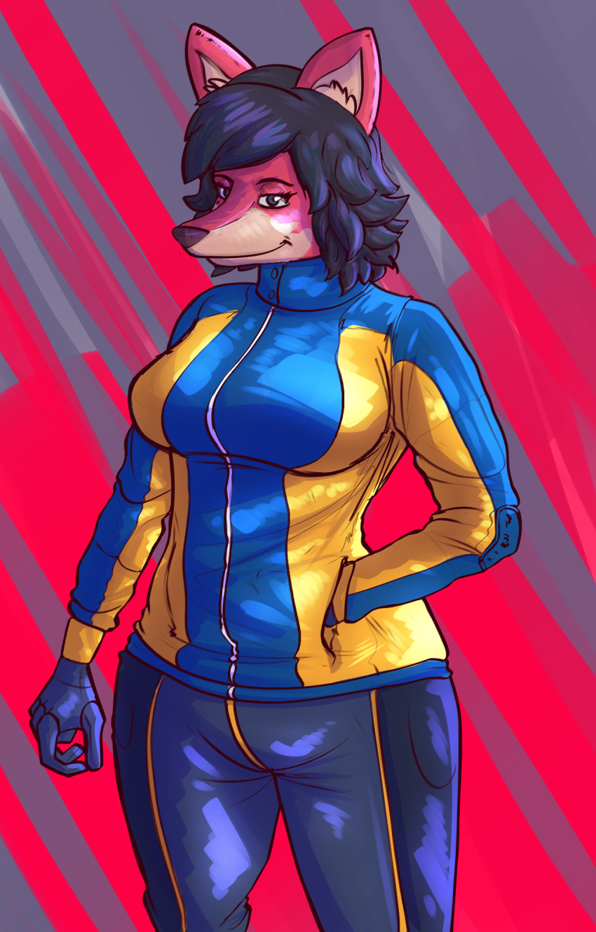 anthro canid canine clothing crisis-omega female fox fur gloves handwear hi_res mammal red_body red_fur solo sophia_(crisis-omega) teal_eyes track_jacket