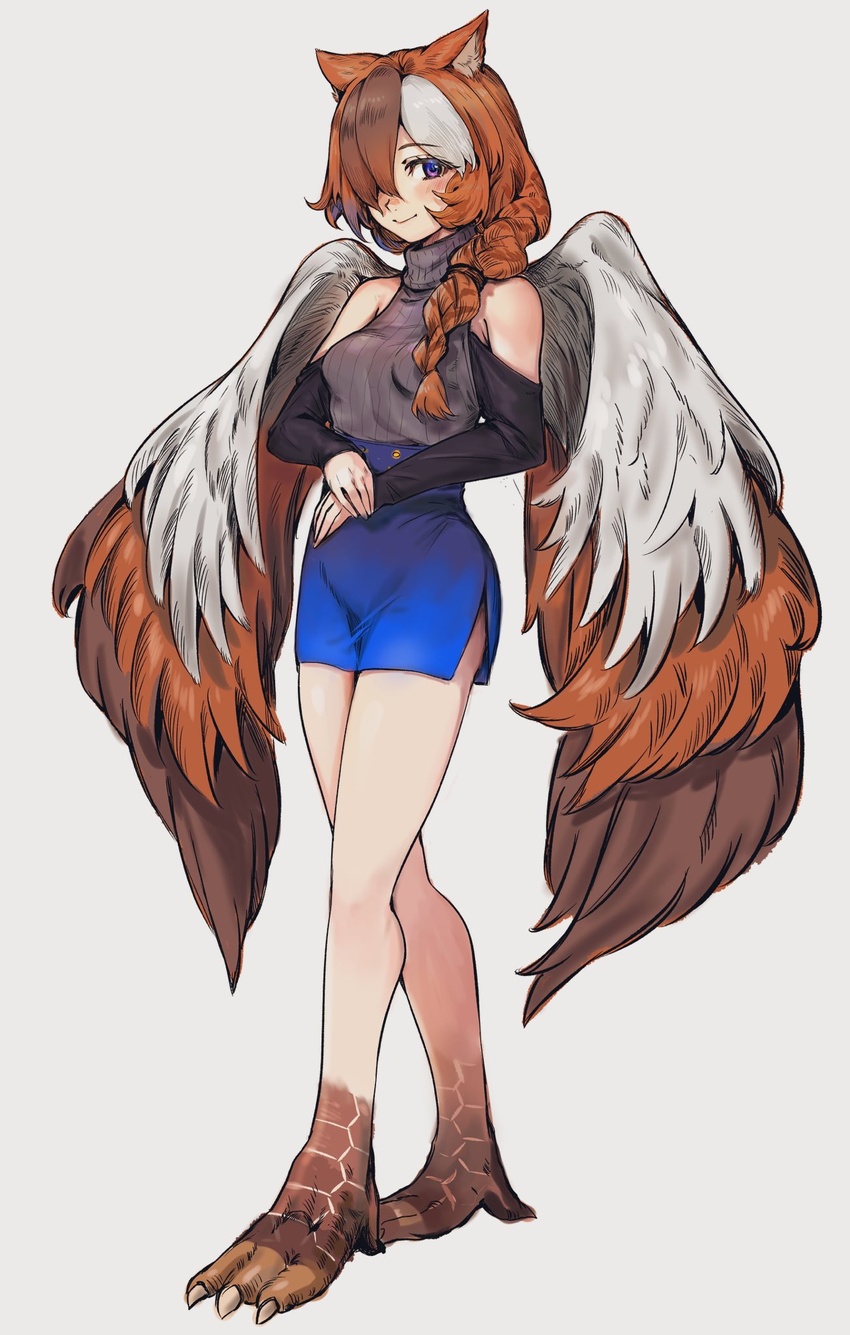 animal_ears animal_feet bare_shoulders bird_legs bird_wings black_sleeves blue_eyes blue_skirt blush braid brown_hair brown_wings claws copyright_request detached_sleeves estelle_(cieluscian) feathered_wings female full_body grey_background grey_hair grey_shirt hair_over_one_eye half-harpy halterneck highres long_hair looking_at_viewer maido_mido monster_girl multicolored_eyes multicolored_hair original purple_eyes ribbed_shirt shirt side_slit simple_background single_braid skirt sleeveless smile solo standing streaked_hair turtleneck white_wings wings