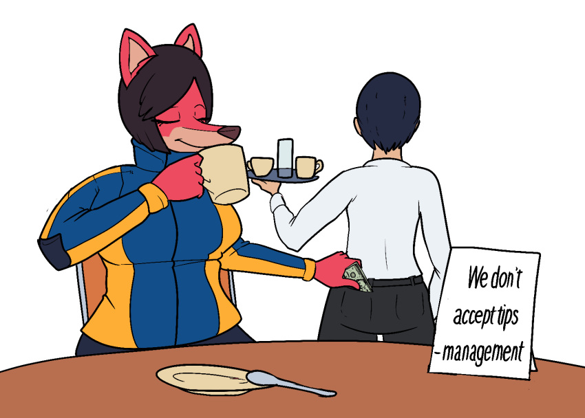 anthro canid canine crisis-omega duo english_text female fox fur hi_res human mammal red_body red_fur sophia_(crisis-omega) text track_jacket waiter waiter_tray