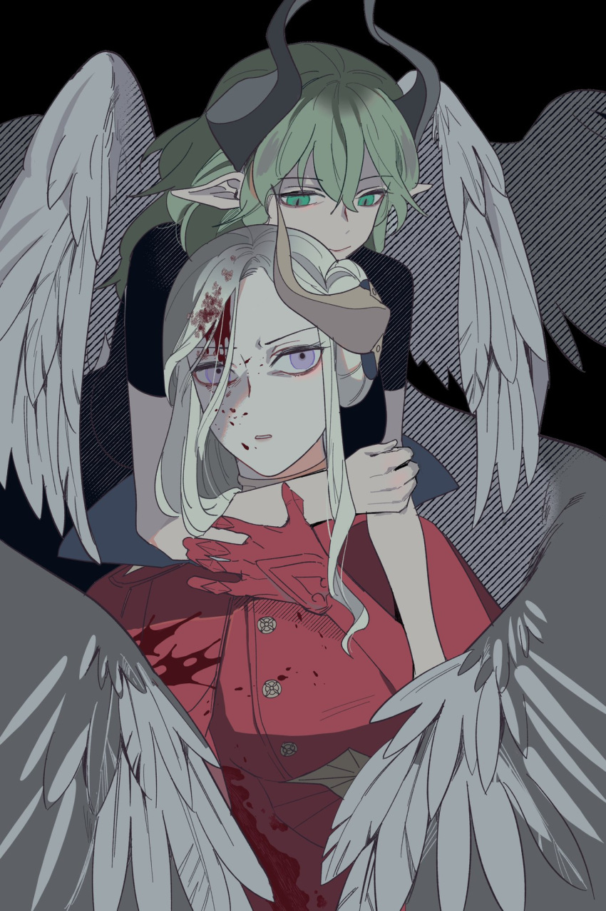 2girls bad_id bad_twitter_id bang_gu9 bare_arms blood byleth_(female)_(fire_emblem) byleth_(fire_emblem) edelgard_von_hresvelg elbow_gloves fire_emblem fire_emblem:_three_houses gloves green_eyes green_hair hair_down highres horns hug korean_commentary long_hair medium_hair multiple_girls pointy_ears purple_eyes short_sleeves smile white_hair wings yuri