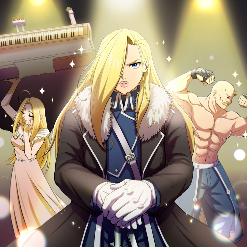 1boy 2girls abs alex_louis_armstrong bald black_coat blonde_hair blue_eyes blue_jacket blue_pants catherine_elle_armstrong closed_eyes coat collared_jacket dress facial_hair fullmetal_alchemist fur-trimmed_coat fur_trim gloves hair_intakes hair_over_one_eye hands_on_hilt highres jacket long_dress long_hair long_sleeves looking_at_viewer moustache multiple_girls muscular muscular_male olivier_mira_armstrong open_clothes open_coat pants shsh8860 sleeveless sleeveless_dress straight_hair topless_male white_dress white_gloves wing_collar