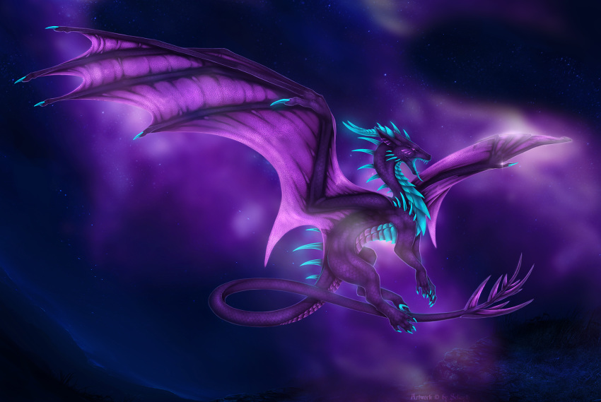 2020 ambiguous_gender blue_body blue_scales claws detailed_background digital_media_(artwork) dragon european_mythology feral hi_res horn membrane_(anatomy) membranous_wings mythological_creature mythological_scalie mythology night open_mouth outside purple_body purple_scales scales scalie selianth sky solo spines star starry_sky tail teeth tongue western_dragon wings