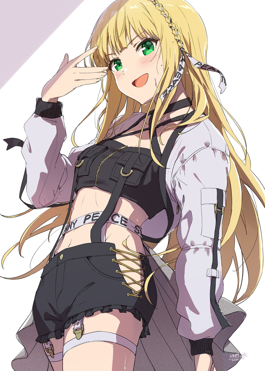 :d ayano_yuu_(sonma_1426) blonde_hair braid breast_pocket breasts collarbone criss-cross_halter crop_top cross-laced_clothes cross-laced_shorts female frilled_shorts frills garter_straps green_eyes halterneck hand_up highres ichinose_rei idol idoly_pride long_hair looking_at_viewer midriff open_mouth pocket ribbon_braid short_shorts shorts shrug_(clothing) signature simple_background smile solo stomach sweat thigh_strap white_background white_garter_straps white_shrug