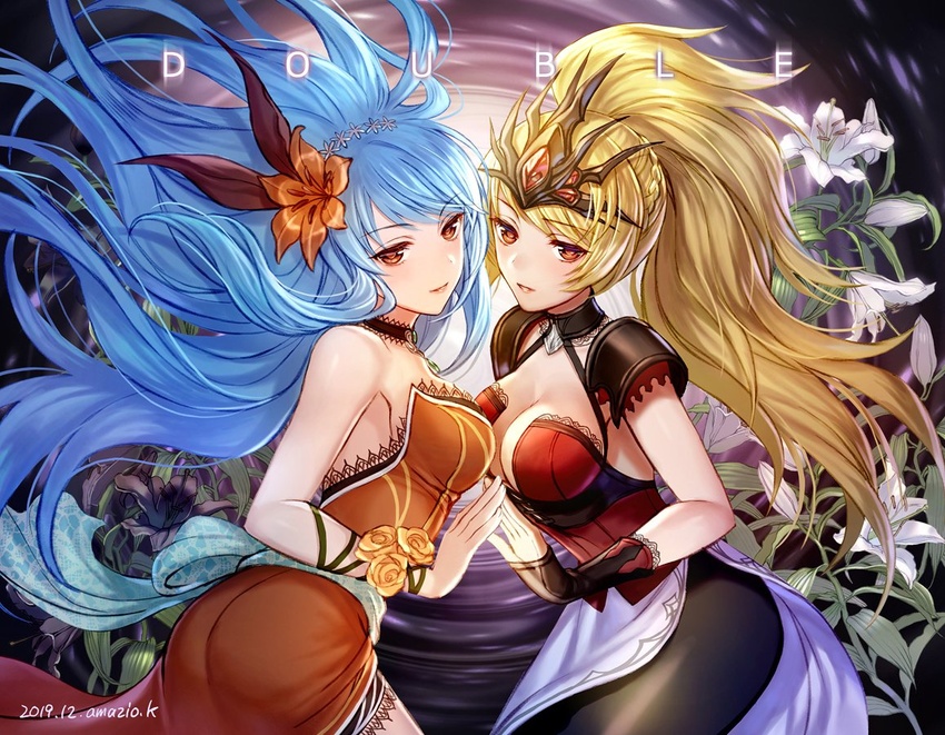 2girls amazio_komeko ass blonde_hair blue_hair breasts cleavage dress flower hair_flower hair_ornament imperial_saga lipstick long_hair looking_at_viewer makeup multiple_girls red_eyes rocbouquet_(saga) romancing_saga_2 saga very_long_hair