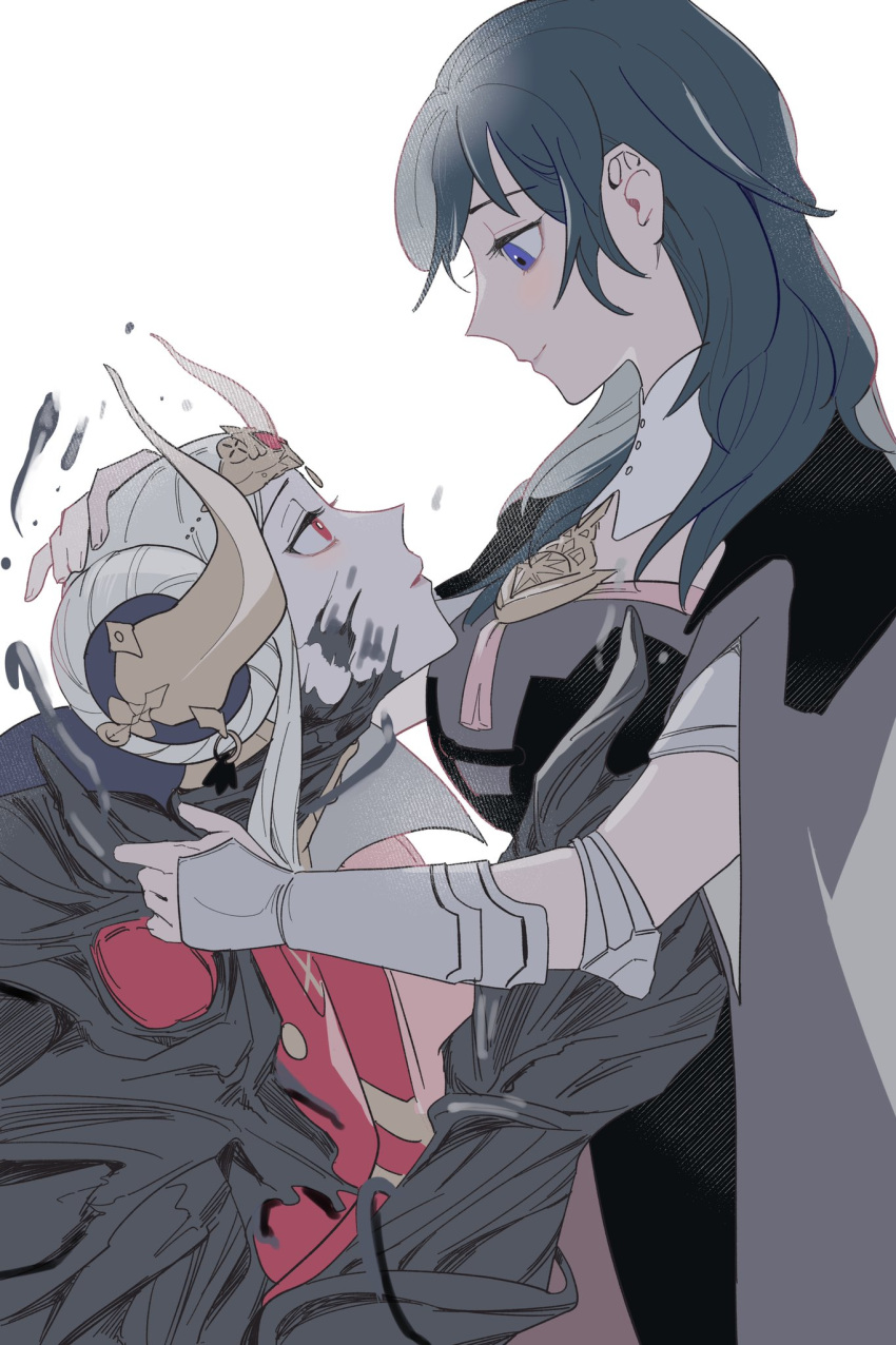 2girls bad_id bad_twitter_id bang_gu9 blue_eyes blue_hair byleth_(female)_(fire_emblem) byleth_(fire_emblem) corruption edelgard_von_hresvelg edelgard_von_hresvelg_(hegemon_husk) fire_emblem fire_emblem:_three_houses hand_on_another's_head highres horns korean_commentary long_hair looking_at_another looking_down looking_up multiple_girls red_eyes short_hair smile white_background white_hair yuri