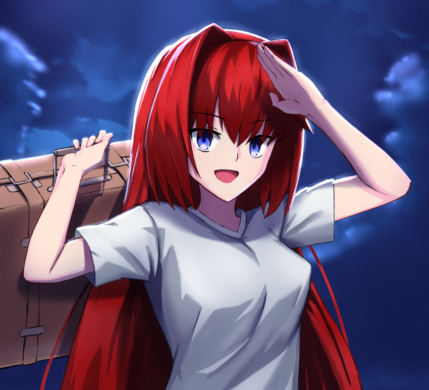 :d absurdres aozaki_aoko blue_eyes female hair_between_eyes hair_intakes highres long_hair looking_at_viewer open_mouth red_hair salute shirt short_sleeves smile solo straight_hair t-shirt tsukihime tsukinaga upper_body very_long_hair white_shirt