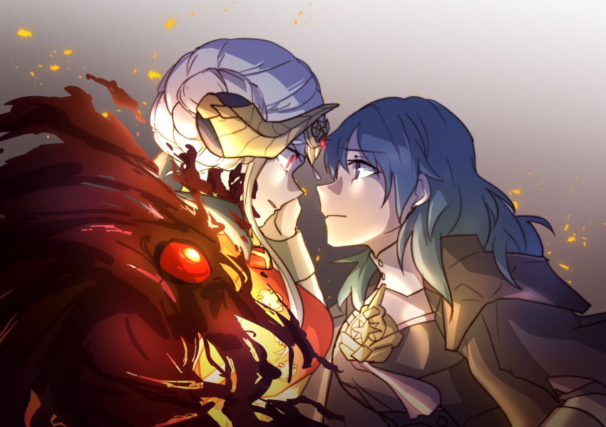 2girls blue_eyes blue_hair byleth_(female)_(fire_emblem) byleth_(fire_emblem) edelgard_von_hresvelg edelgard_von_hresvelg_(hegemon_husk) fire_emblem fire_emblem:_three_houses gu9 hand_on_another's_cheek hand_on_another's_face highres horns long_hair multiple_girls red_eyes short_hair usbgrumble white_hair yuri