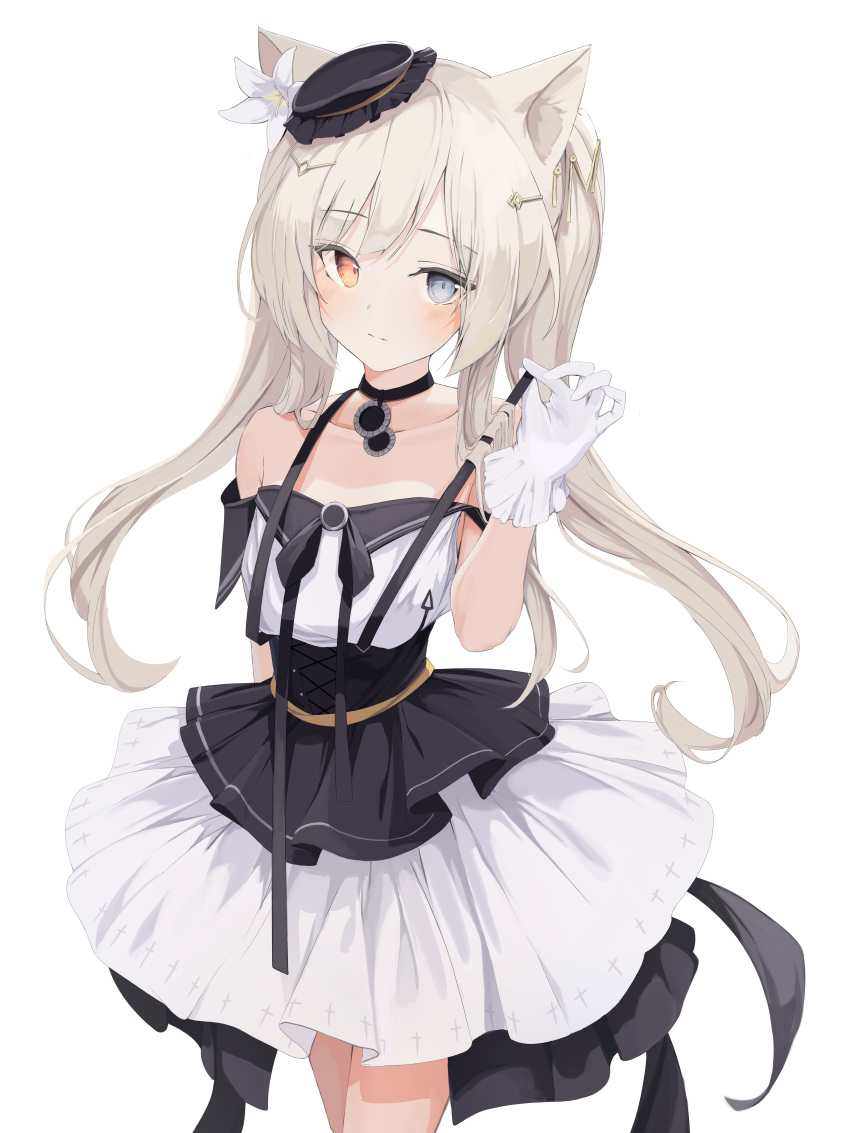 absurdres animal_ears arknights bare_shoulders black_choker black_dress black_hat blonde_hair blue_eyes blush cat_ears choker closed_mouth collarbone commentary dress female flat_chest flower gloves hair_flower hair_ornament hairclip hand_up hat heterochromia highres holding holding_strap layered_dress long_hair looking_at_viewer mikisai mini_hat multicolored_clothes multicolored_dress nightmare_(arknights) nightmare_(light_and_shadow)_(arknights) official_alternate_costume orange_eyes red_eyes ribbon simple_background solo standing twintails white_background white_dress white_flower white_gloves