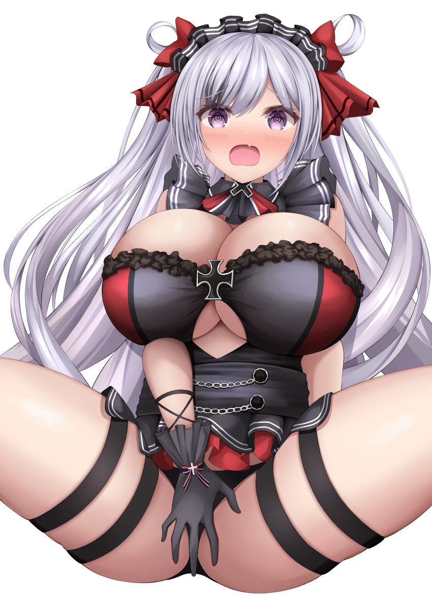 absurdres azur_lane black_dress black_gloves blush breasts cleavage clothing_cutout covering_crotch covering_privates cross dress elbe_(azur_lane) elbe_(time_to_show_off?)_(azur_lane) female gintokyhenry gloves highres huge_breasts iron_cross layered_dress light_purple_hair long_hair official_alternate_costume open_mouth purple_eyes simple_background solo spread_legs thigh_strap underboob_cutout white_background