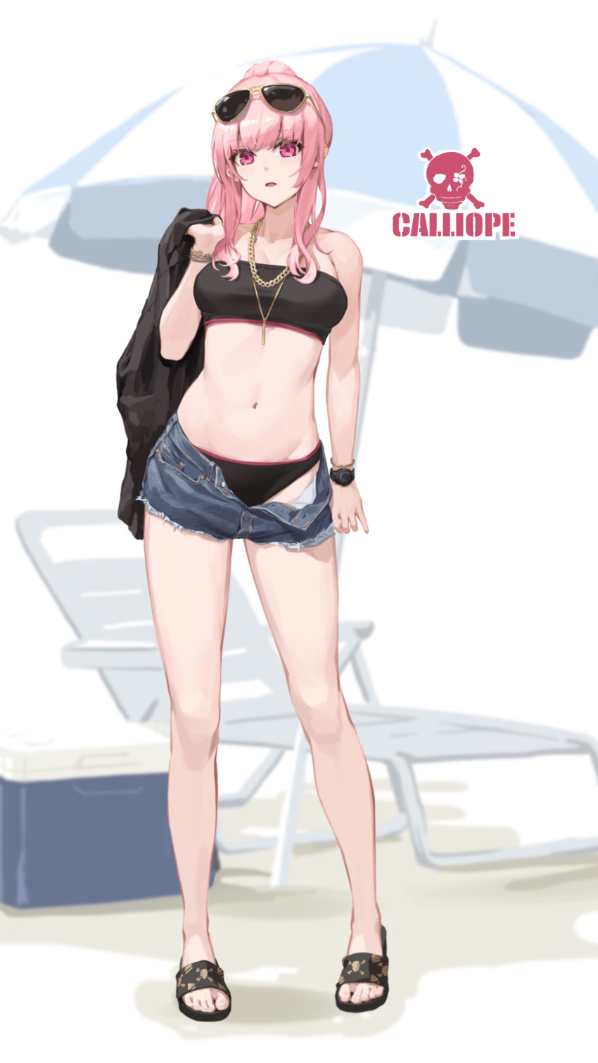 absurdres bare_legs bare_shoulders beach_umbrella bikini black_bikini blue_shorts breasts female full_body highres holding holding_clothes hololive hololive_english jewelry kanoe_(tatsukanoe) long_hair looking_at_viewer mori_calliope navel necklace open_fly parted_lips pink_hair ponytail purple_eyes sandals shorts solo standing stomach strapless strapless_bikini swimsuit umbrella virtual_youtuber watch wristwatch