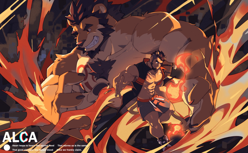 1boy abs absurdres alca_(wakatanka4) alca_the_lion animal_ears bara bare_pectorals beard black_hair black_shirt commission dark-skinned_male dark_skin dynamic_pose extra_ears facial_hair fangs fighting_stance fingernails fire flame-tipped_tail full_body furry furry_male grey_shorts gyee highres large_pectorals lion_boy lion_ears lion_tail male_focus mature_male muscular muscular_male navel navel_hair nipples open_clothes open_shirt original pectorals sharp_fingernails shirt shoes short_hair shorts sideburns sleeveless sleeveless_shirt smirk sneakers stomach tail thick_eyebrows thighs undercut zixiong_zix