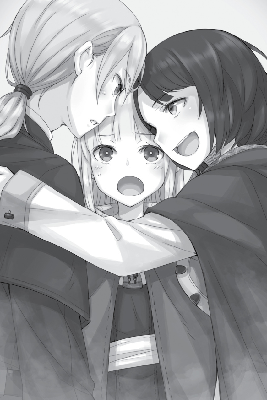 1boy 2girls :d ayakura_juu blush cape greyscale highres ilena_gisele long_hair low_ponytail monochrome multiple_girls myuri_(spice_and_wolf) non-web_source novel_illustration oerba_yun_fang official_art open_mouth ponytail shinsetsu_spice_and_wolf smile spice_and_wolf straight_hair sweatdrop tote_col upper_body white_background