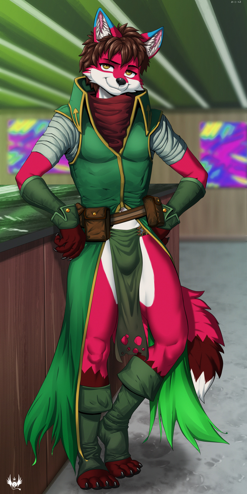 1:2 absurd_res anthro bar blue_ears canid canine eldiman fox green_outfit hi_res holly_(ortiz) human_hair male mammal red_body red_fox smile solo tail true_fox yellow_eyes