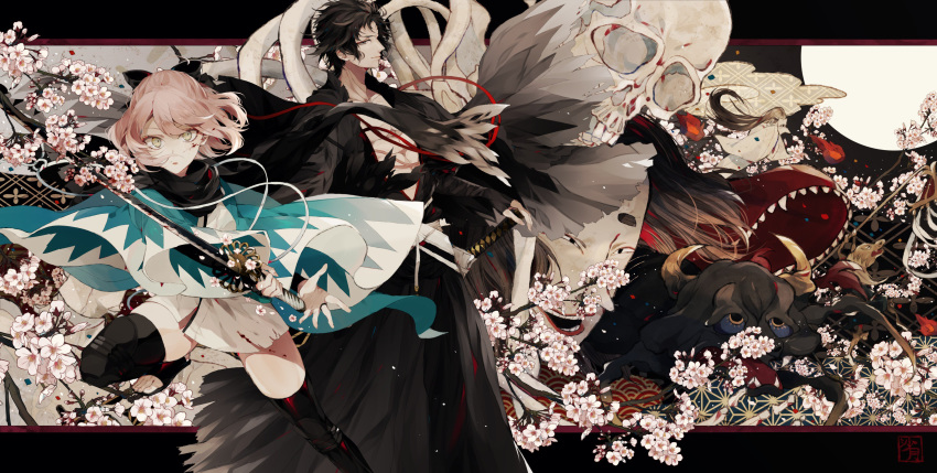 1boy abs absurdres bad_id bad_twitter_id black_bow black_gloves black_scarf black_thighhighs bow branch bridal_gauntlets cherry_blossoms commentary_request fate/grand_order fate_(series) female fine_art_parody gloves hairbow haori highres hijikata_toshizou_(fate) holding holding_sword holding_weapon japanese_clothes katana letterboxed long_sleeves looking_at_viewer okita_souji_(fate) okita_souji_(koha-ace) parody parted_lips pink_hair robe satsuki_(miicat) scarf signature skull sword thighhighs toeless_legwear toenails ushi-oni weapon wide_sleeves yellow_eyes