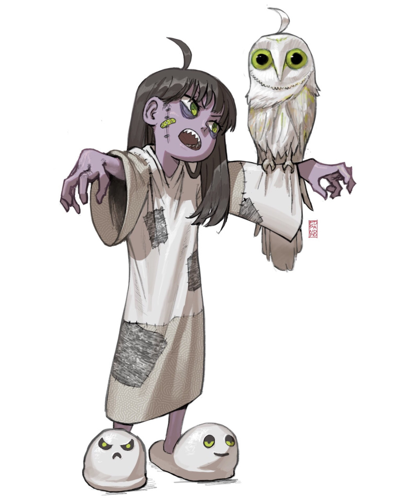 ahoge animal_on_arm bags_under_eyes barn_owl bird bird_on_arm colored_skin dress edpan female full_body green_eyes grey_hair highres long_sleeves open_mouth original owl patch purple_skin sharp_teeth signature simple_background slippers solo stitched_face stitches teeth white_background white_dress zombie