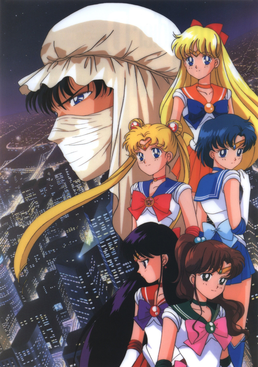 1990s_(style) 1boy 5girls absurdres aino_minako back_bow bishoujo_senshi_sailor_moon bishoujo_senshi_sailor_moon_r black_hair blonde_hair blue_eyes blue_hair blue_sailor_collar bow brooch brown_hair chiba_mamoru choker cityscape crystal_star_(sailor_moon) double_bun earrings elbow_gloves expressionless gloves green_eyes green_sailor_collar hair_bobbles hair_bun hair_ornament hairbow high_ponytail highres hino_rei inner_senshi jewelry kino_makoto light_smile long_hair magical_girl miniskirt mizuno_ami moonlight_knight multiple_girls night non-web_source official_art orange_sailor_collar outdoors pleated_skirt red_sailor_collar retro_artstyle sailor_collar sailor_jupiter sailor_mars sailor_mercury sailor_moon sailor_senshi_uniform sailor_venus scan short_hair skirt smile tadano_kazuko tiara tsukino_usagi turban twintails very_long_hair