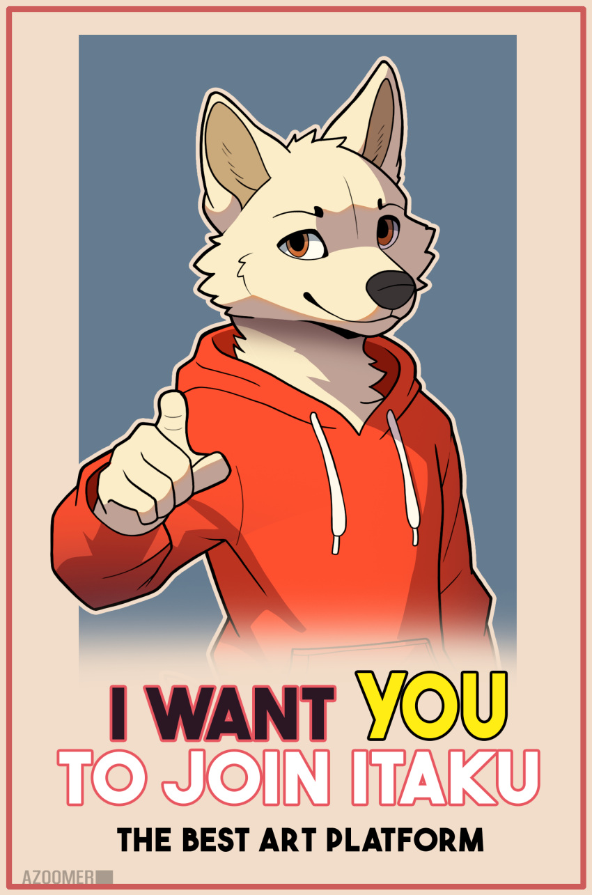 anthro azoomer border bottomless canid canine canis clothed clothing digital_media_(artwork) english_text fur gesture hand_gesture hi_res i_want_you itaku looking_at_viewer male mammal meme orange_border pointing pointing_at_viewer poster propaganda_poster red_clothing red_sweater red_topwear simple_background solo sweater sweater_only text topwear topwear_only white_body white_fur wolf