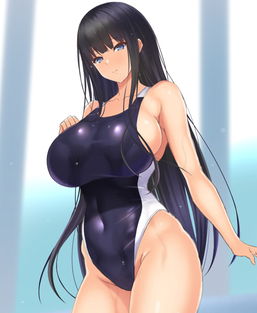 bad_id bad_pixiv_id black_hair black_one-piece_swimsuit blue_eyes breasts commentary_request competition_swimsuit covered_navel cowboy_shot female highres large_breasts long_hair looking_at_viewer nanakorobi_yaoki one-piece_swimsuit original solo standing swimsuit two-tone_swimsuit wet wet_clothes wet_swimsuit