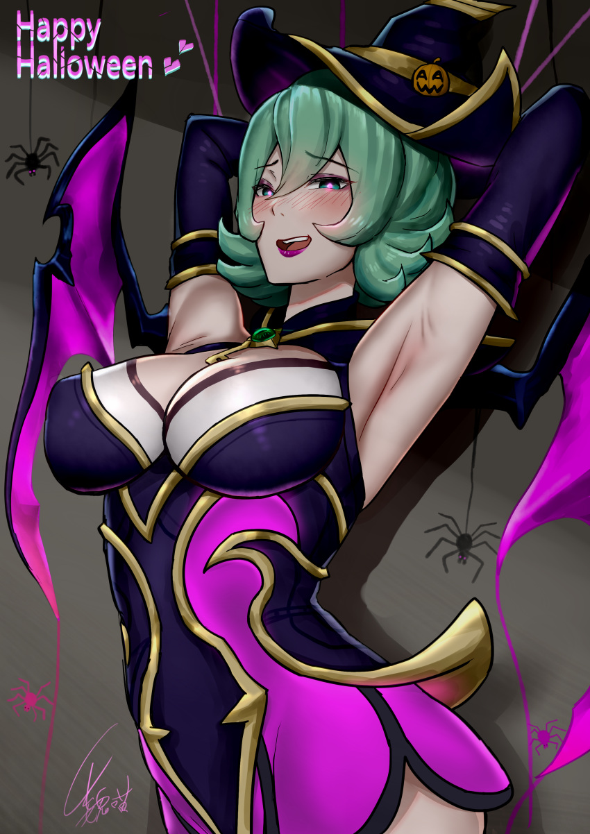 absurdres armpits bewitching_elise black_dress black_hat black_sleeves blush breasts brown_background bug detached_sleeves dress elise_(league_of_legends) female green_hair halloween hat highres large_breasts league_of_legends pink_dress pink_wings short_hair signature smile solo spider two-tone_dress two-tone_headwear two-tone_wings upper_body wei_miao wings witch_hat