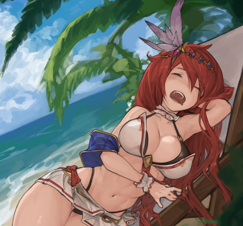 alexiel_(summer)_(granblue_fantasy) arm_up armpits beach bikini bikini_skirt breasts chair cleavage closed_eyes commentary_request commission day drooling dutch_angle female godsworn_alexiel granblue_fantasy hair_between_eyes hair_ornament highleg highleg_bikini highres large_breasts long_hair lounge_chair lying n9+ navel o-ring o-ring_bikini o-ring_top on_side open_mouth outdoors red_hair scrunchie skeb_commission sleeping solo swimsuit wrist_scrunchie