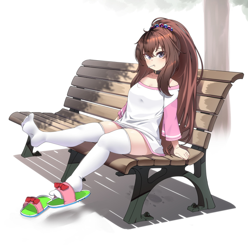 bench blush bow breasts brown_hair candy commentary_request daughter_(konoshige) dildo_reveal female female_masturbation food food_in_mouth hair_ornament high_ponytail highres implied_masturbation konoshige_(ryuun) legs_up lollipop long_hair looking_at_viewer masturbation original ponytail purple_eyes pussy_juice pussy_juice_puddle red_bow simple_background sitting skindentation slippers small_breasts solo stealth_masturbation thighhighs very_long_hair white_background white_thighhighs zettai_ryouiki