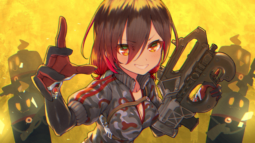 android apex_legends b3_wingman blush breasts brown_hair camouflage camouflage_jacket cleavage commentary female g7_scout gradient_hair grey_jacket grin gun hair_between_eyes hemlok highres holding holding_gun holding_weapon hololive jacket looking_at_viewer mechanical_arms medium_breasts multicolored_hair nosir_onadat orange_eyes peacekeeper_(shotgun) prowler_smg red_hair roboco-san roboco-san_(1st_costume) robosaa_(roboco) short_hair simple_background single_mechanical_arm smile solo two-tone_hair upper_body virtual_youtuber weapon yellow_background