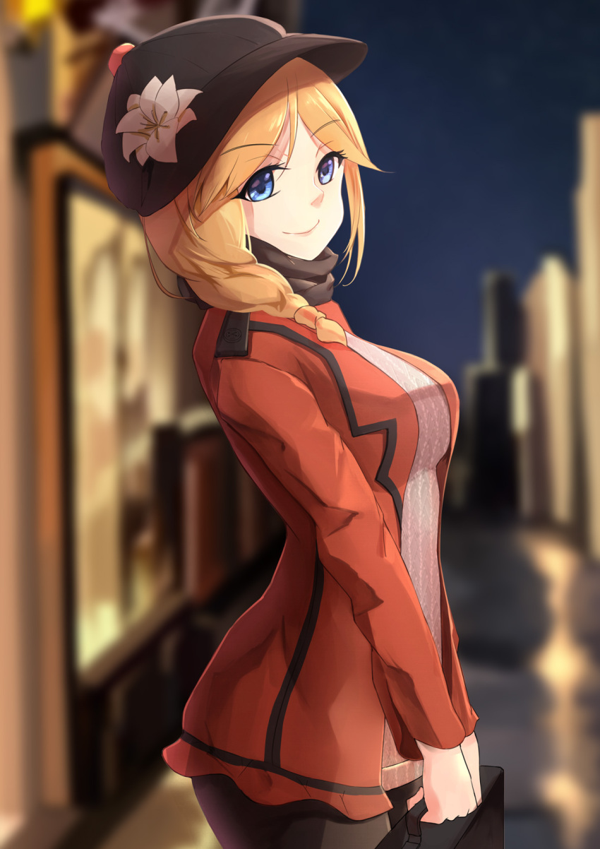 bag black_bag black_headwear blonde_hair blue_eyes braid breasts city closed_mouth feet_out_of_frame female highres holding holding_bag jacket long_hair looking_at_viewer medium_breasts red_jacket rodney_(warship_girls_r) smile solo standing warship_girls_r xueci