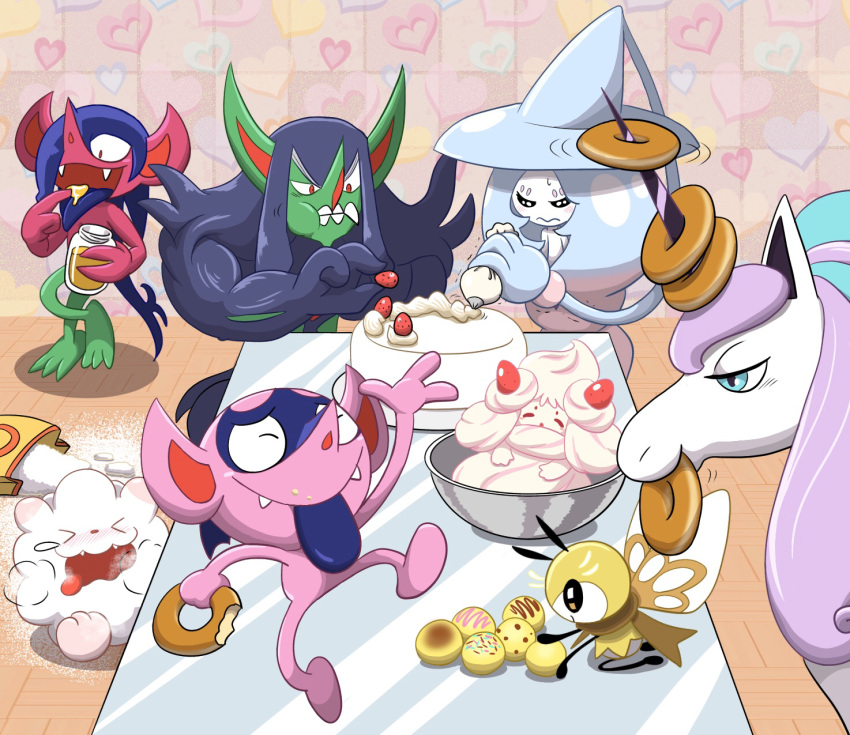 alcremie aoi_k3 baking black_hair blue_eyes blue_hair blush container crumbs dairy_products dessert doughnut eating equid equine evolutionary_family extruded_heart fangs food food_creature food_hair frosting fruit frustrated furniture galarian_form galarian_rapidash generation_6_pokemon generation_7_pokemon generation_8_pokemon green_body green_skin grimmsnarl hair hatterene heart_background heart_pattern heart_symbol hi_res horn humanoid humanoid_pointy_ears imp impidimp jar layered_heart layered_heart_background level_difference long_hair mammal morgrem mythological_creature mythological_equine mythology nintendo outline_heart pastry pattern_background pink_background pink_body pink_hair pink_skin plant pokemon pokemon_(species) pseudo_hair red_eyes regional_form_(pokemon) ribombee simple_background smile strawberry swirlix table teeth tongue tongue_out troll_(mythology) unicorn whipped_cream white_body white_skin