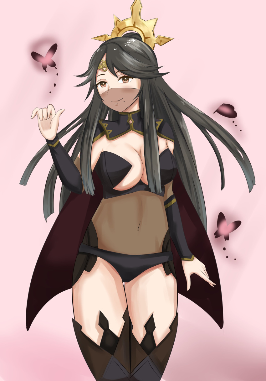 absurdres black_hair breasts brown_eyes bug butterfly cleavage covered_navel dark_mage_(fire_emblem_fates) female fire_emblem fire_emblem_fates fire_emblem_heroes hair_ornament highres large_breasts long_hair looking_at_viewer mikoto_(fire_emblem) mole mouth_veil see-through sideboob simple_background smile solo standing underboob veil zipperqr